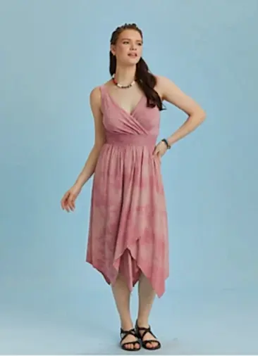 Kruvaze Yaka Etek Katlı Bohem Şık Batik Elbise 6266