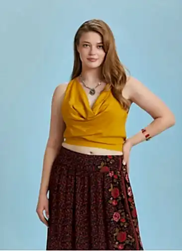 Lastikli Kolsuz Degaje Yaka Sarı Şık Büyük Beden Bluz 6529