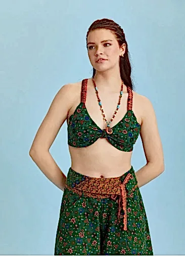 Bohem Stil Yeşil Çiçek Desen Bağlamalı Bralet Crop Bluz 6311