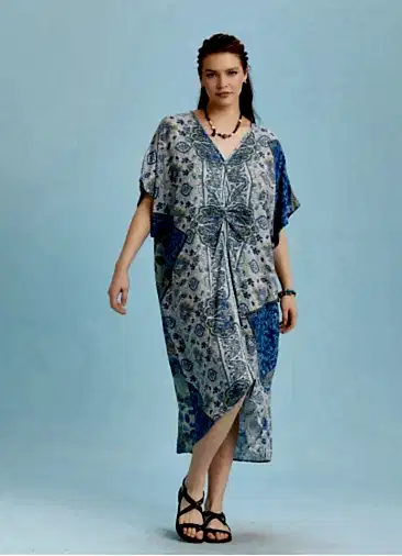 V Yaka Önü Düğümlü Mavi Yarasa Kol Elbise 6488