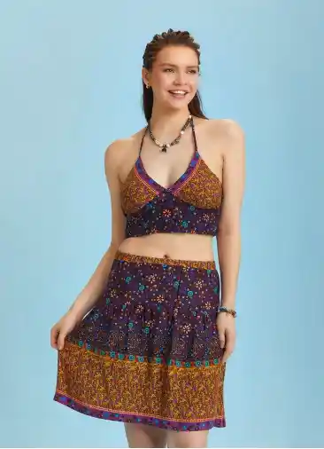 Çiçek Desen Sulu Kumaş Beli Lastikli Bohem Mini Etek 6305