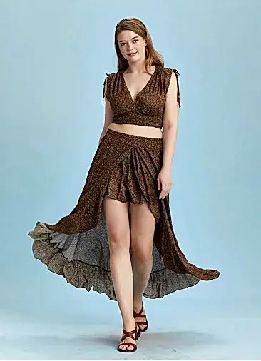 Derin Ön Yırtmaçlı Fırfırlı Çiçekli Büyük Beden Etek 6435