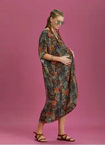 V Yaka Önü Düğümlü Desenli Yarasa Kol Hamile Elbise 6498