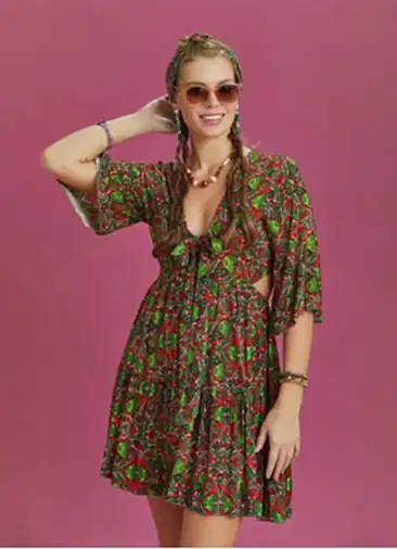Önden Bağlamalı Yeşil Çiçekli Yarım Kol Kısa Elbise 6515
