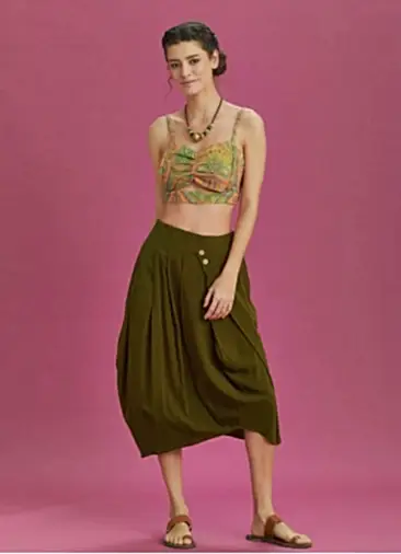 Rahat Kesim Geniş Pileli Haki Anvelop Midi Etek 6547