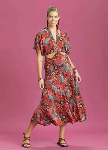 Sırt Pencereli Kırmızı Desenli Cut Out Bohem Elbise 6472