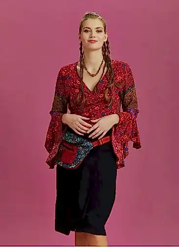 Turuncu Çiçekli Desenli İspanyol Kol Crop Bluz 6259