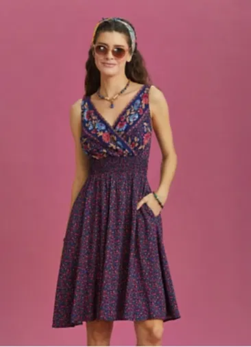 Çiçek Desenli Bohem Tarz Kruvaze V Yaka Elbise 6269