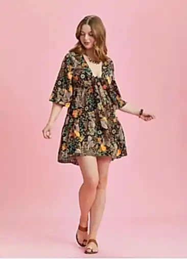 Önden Bağlamalı Siyah Desenli Yarım Kol Büyük Beden Elbise 6517