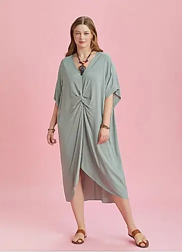 V Yaka Önü Düğümlü Yeşil Yarasa Kol Büyük Beden Elbise 6492