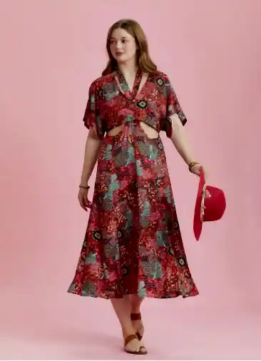 Sırt Pencereli Kırmızı Desenli Büyük Beden Bohem Elbise 6475