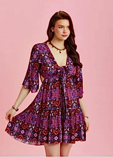 Önden Bağlamalı Desenli Yarım Kol Kısa Elbise 6513