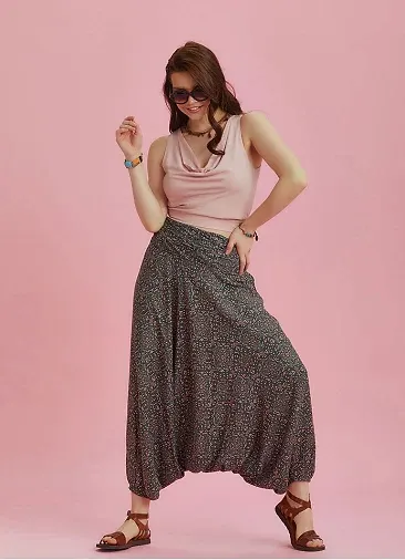 Drape Detay Beli Lastikli Antik Desenli Şalvar Pantolon 6286