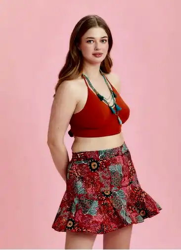 Kırmızı Çiçekli Volanlı Büyük Beden Şort Etek 6429