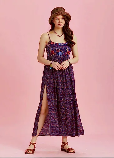 Askılı Yırtmaçlı Pembe Çiçekli Robadan Elbise 6457