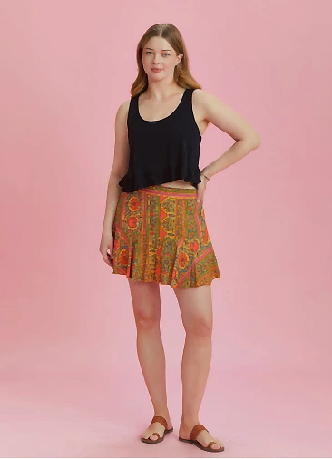 Turuncu Desenli Volanlı Büyük Beden Şort Etek 6431