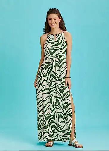 Çift Ön Yırtmaçlı Dekolteli Yeşil Elbise 6267