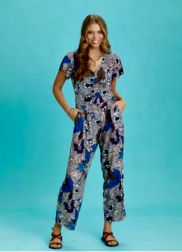 Yarım Kollu Mavi Desenli Bohem Tulum 6355