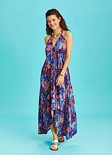 Sırtı Açık Mavi Desenli Elbise 6375