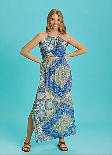 Yırtmaçlı Boyundan Bağlamalı Halter Yaka Desenli Elbise 6346