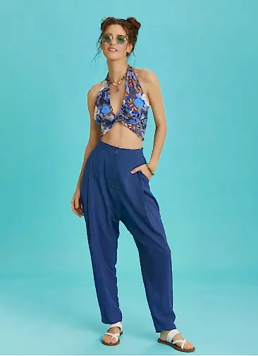 Boyundan Bağlamalı Mavi Desenli Crop Bluz 6344