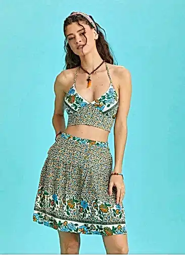 Çiçekli Sulu Kumaş Beli Lastikli Bohem Mini Etek 6306