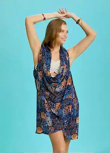 Degaje Yaka Mavi Desenli Anvelop Tunik Elbise 6329