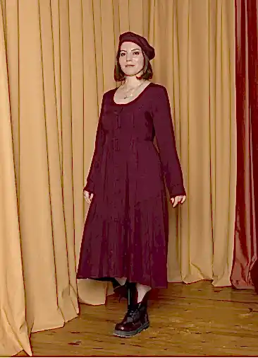 Bisiklet Yaka Düğme Detaylı Bordo Uzun Kollu Elbise 7117