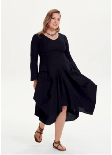 V Yaka Cepli Uzun Kollu Büyük Beden Siyah Elbise 1211