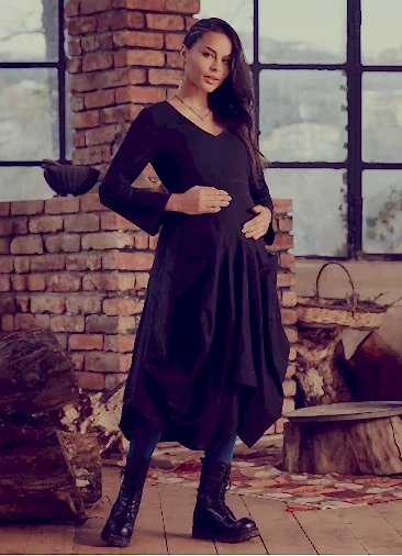 Otantik V Yaka Uzun Kollu Siyah Hamile Elbise 1349