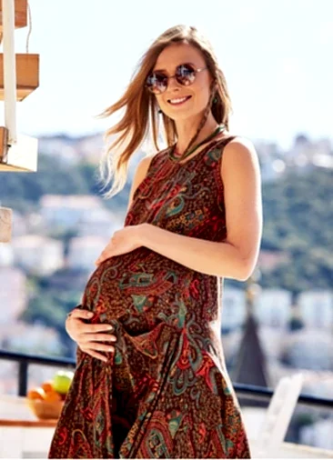 Bohem Tarz Kayık Yaka Pile Detaylı Hamile Elbise 1328