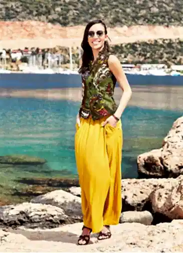 Kruvaze Beli Lastikli Kadın Sarı Bol Paça Pantolon 1784