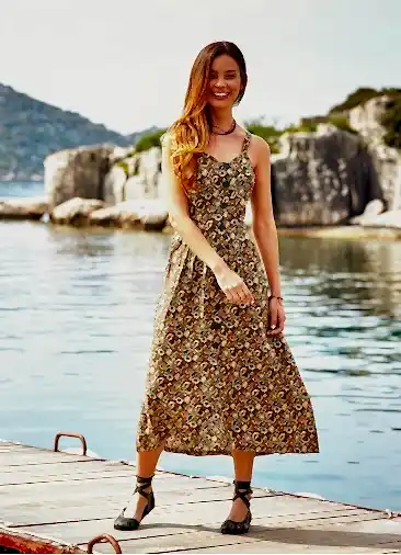 Bohem Tarz Çiçek Desenli Uzun Etnik Haki Elbise 2246