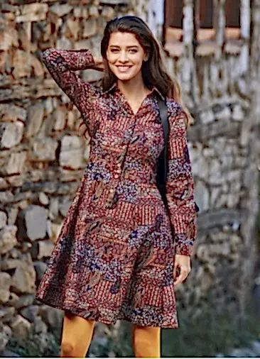 Mürdüm Desenli Uzun Kollu Diz Boyu Gömlek Elbise 4817