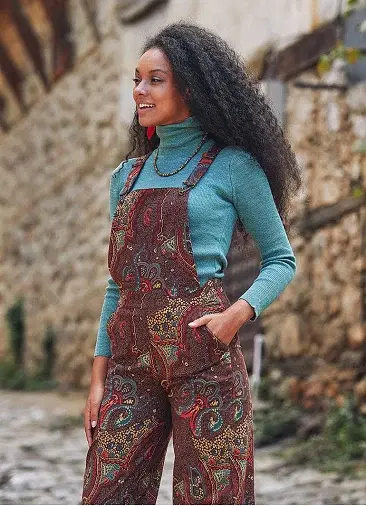 Kahveşal Desen Bahçıvan Bol Paça Salopet Kadın Tulum 4853