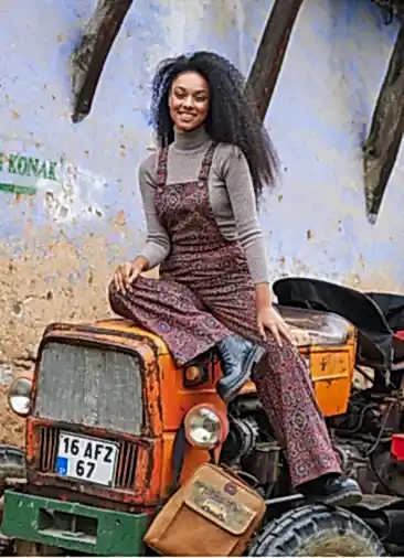 Retro Desen Bahçıvan Bol Paça Salopet Kadın Tulum 3261