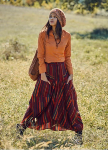 Otantik Bağcıklı Cepli Çizgili Uzun Kırmızı Etek 293