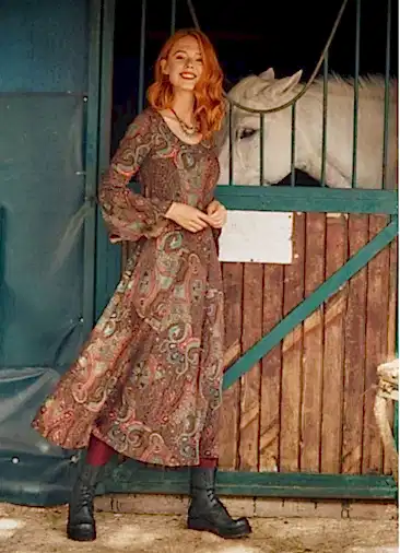 Etnik Desenli Kayık Yaka Belden Bağlamalı İspanyol Kol Kadın Elbise 3051