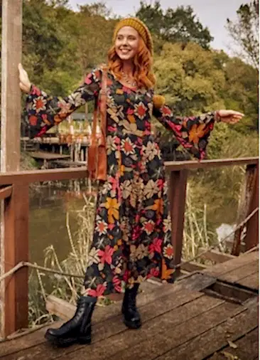 Çiçek Desenli Kayık Yaka Belden Bağlamalı İspanyol Kol Kadın Elbise 3052