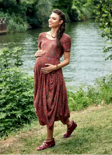 Desenli Havuz Yaka Bağcıklı Uzun Hamile Elbise 2489