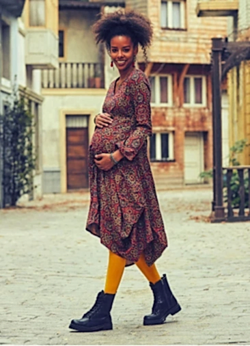 Çiçek Desenli V Yaka Balon Etekli Hamile Elbise 2542