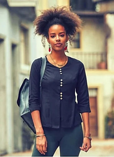 Bisiklet Yaka Yarım Kollu Düğme Detaylı Siyah Kışlık Bluz 7109