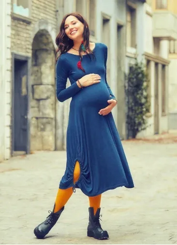 Kayık Yaka Parmak Geçmeli Petrol Hamile Elbise 2539