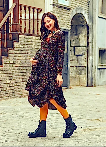 Otantik Desenli Derin V Yaka Kışlık Hamile Elbise 2537