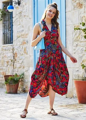 Çiçek Desenli Gömlek Yaka Viskon Elbise 3202