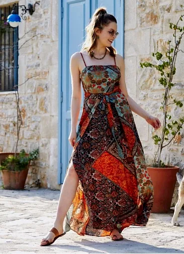 Kahve Desenli Askılı Belden Bağlamalı Elbise 3319