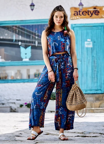 Mavi Desenli Kayık Yaka Tulum Otantik Tulum 3255