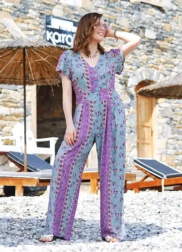 Yarım Kollu Desenli Bohem Tulum 3257