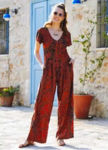 Yarım Kollu Turuncu Desenli Bohem Tulum 3259