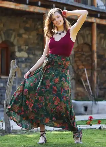 Salaş Yeşil Desenli Asimetrik Etek 3270